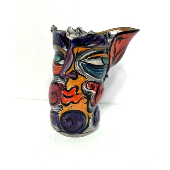 Kerri Buxton Brad Taylor Abstract Studio Pottery Face Pitcher Signed Dated 6" H - Picture 1 of 7